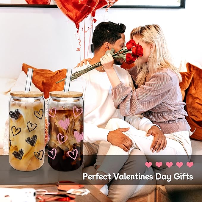 Valentine Glass Cups with Socks, Valentine Gifts For Him/Her, 18 OZ Hearts Glass Cups Gifts,Warm Socks for Women Men, Couple Iced Coffee Cups,Glass Cups with Lids and Straws - 2 Sets