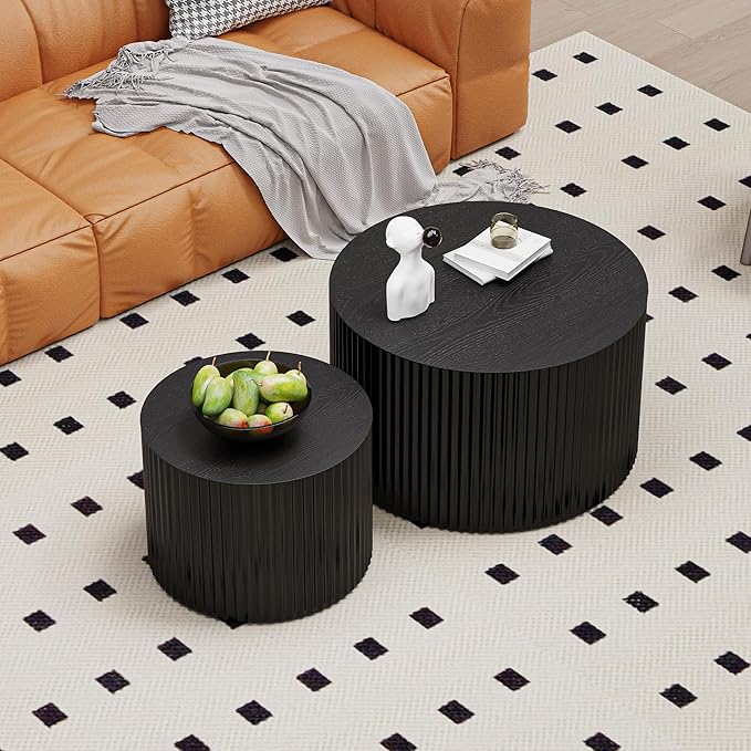 Round Nesting Coffee Table Set of 2, Round Fluted Coffee Tables for Living Room Modern Nesting End Side Tables for Small Spaces (D Black)