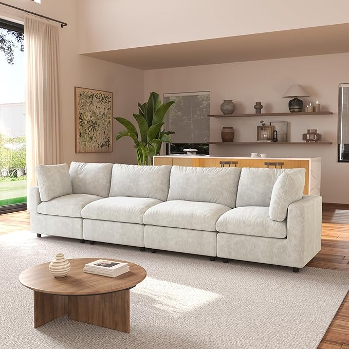 JACH 134" Sectional Couches for Living Room, 4-Seater Convertible Modular Sofa, Cloud Sectional Couch, Sofa Covers Washable, Minimalist Modern Couch for Living Room, Apartment, Beige