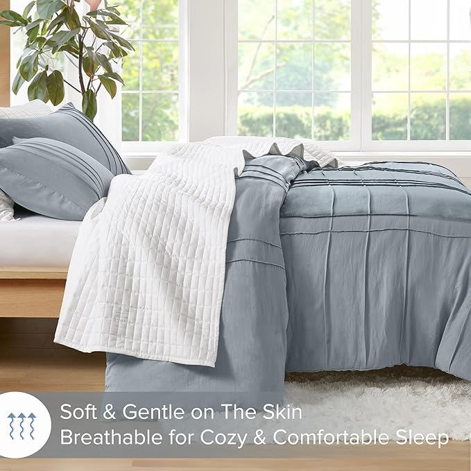 Comfort Spaces Blue/Grey Full Size Comforter Set - 3 Pieces Pintuck Pleated Bedding Sets, All Season Lightweight, Extra Softness Pre-Washed Microfiber Full Bed Set, Shams, Full