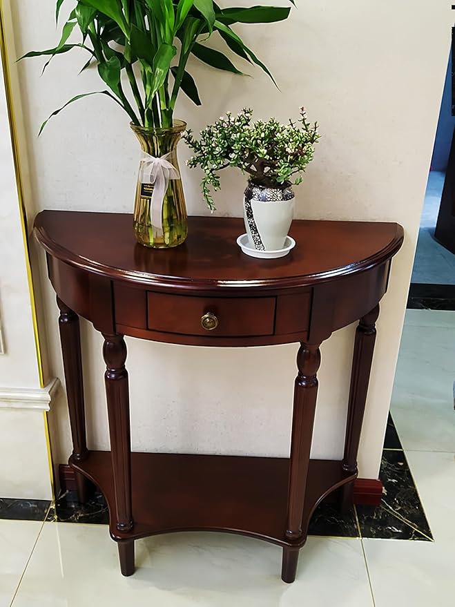 Solid Wood Console Table with Drawer, Semi-Circle Entryway Storage Shelf, Half-Moon Porch Table Side Elegant Vintage Sofa for Living Room (Walnut-Colored (35.4" L x 15.0" W x 34.4" H))