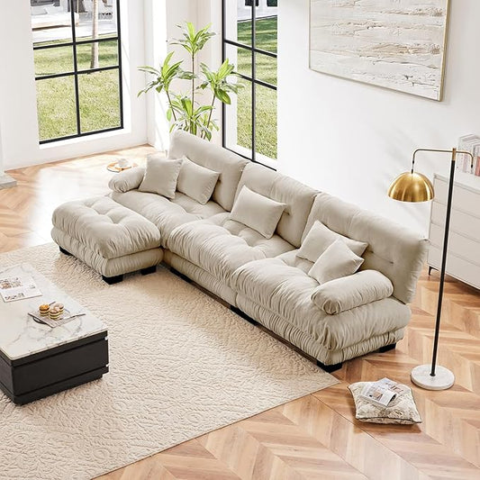 133.8" Oversized Couch, 3 Seater Modular Sectional Sofa, Beige Large L Shaped Sectional Couches for Living Room, Fluffy Couch Set, 3 Seater, Velvet Cloud Couches with Ottoman, Sofas for Living Room