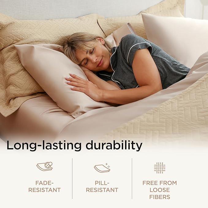 Threadmill 100% Cotton Sheets for Cal King Size Bed - 600 Thread Count Cal King Bed Sheets Set with 16” Deep Pocket - Sateen Weave 4-Piece Bedding Set with Cooling Effect, Beige
