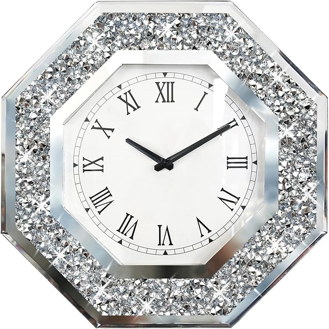 Wall Clock, Octagon Mirror Glass Clock, Cute Diamond 20-inch Non-Ticking Clock for Wall Décor, Perfect Home Decor for Bedroom, Bathroom Motif, Dining Room(Excluding Batteries.)