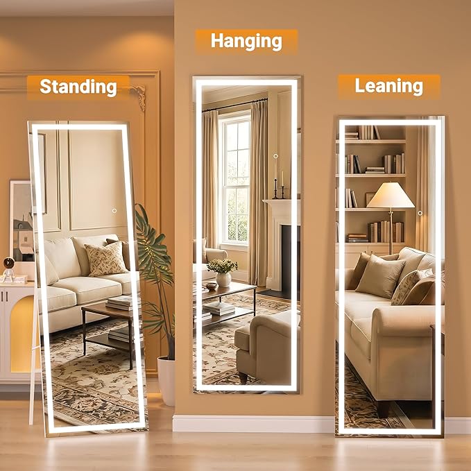 Full Length Mirror with Lights, 71" x 28" LED Lighted Floor Standing Mirror, Tempered Glass, Square White