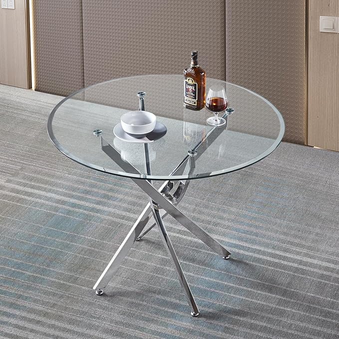 Goujxcy 5 Piece Round Glass Dining Table Set for 4, 36" Round Dining Table & Chair Set Modern Circle Glass Kitchen Table and 4 Velvet Upholstered Chairs for Kitchen Dining (Silver Table & Beige Chair)