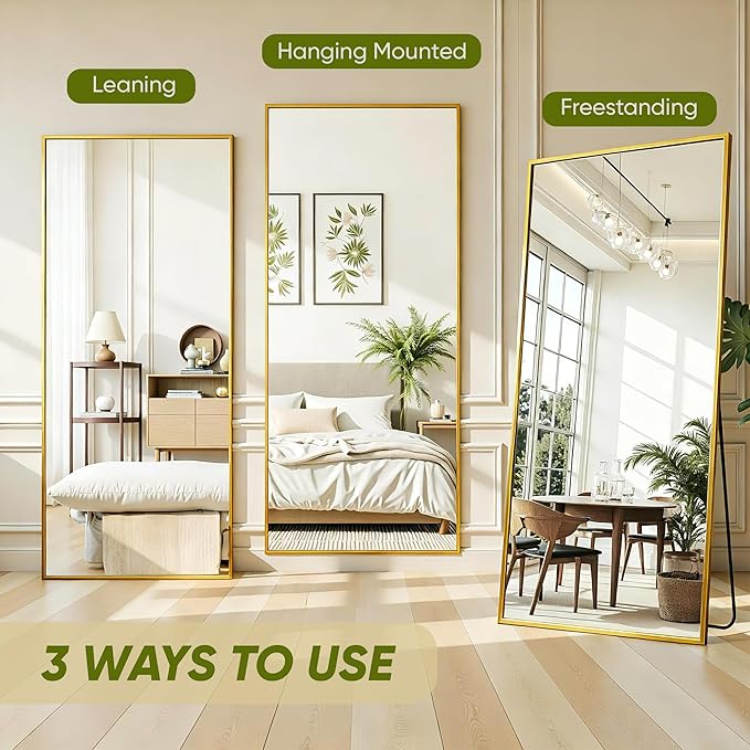 Full Length Mirror, 71"x32" Full Body Mirror, Floor Mirrors with Stand, Body Mirrors Standing Hanging Leaning Against Wall,Aluminum Frame Mirrors for Bedroom Cloakroom,Living Room,Gold
