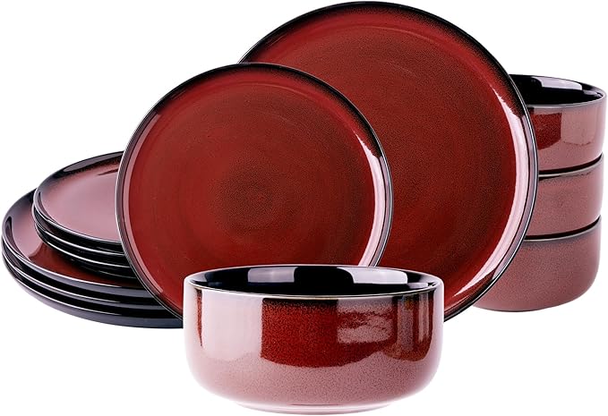 ERATIO Ceramic Dinnerware Sets for 4,12 Pieces Poreclain Plates and Bowls Sets,Scratch Resistant Dishes,Dishwasher & Microwave Safe Dishes Set,Service for 4-Red