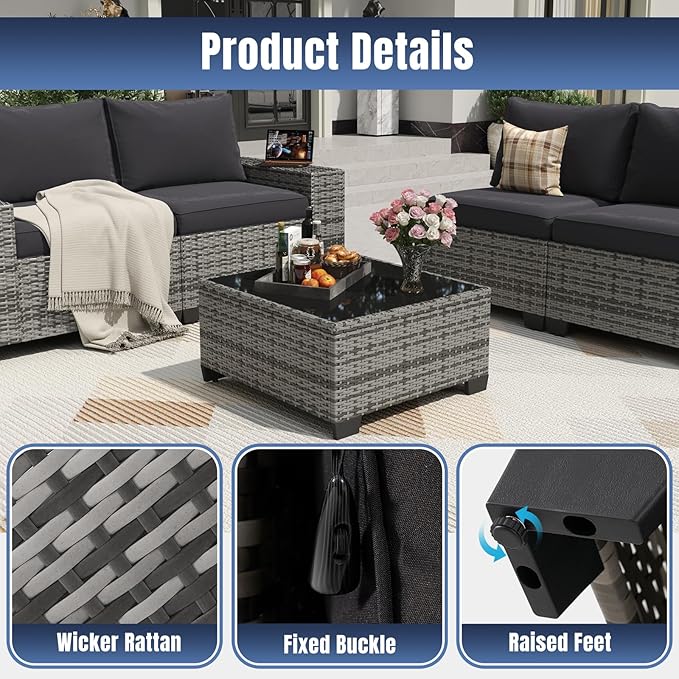 Aoxun 12 Pieces Patio Furniture Set Wicker Rattan Outdoor Sectional Conversation Set with Coffee Table and 4” Thickened Cushions, Gray Black (Waterproof Cover Included)