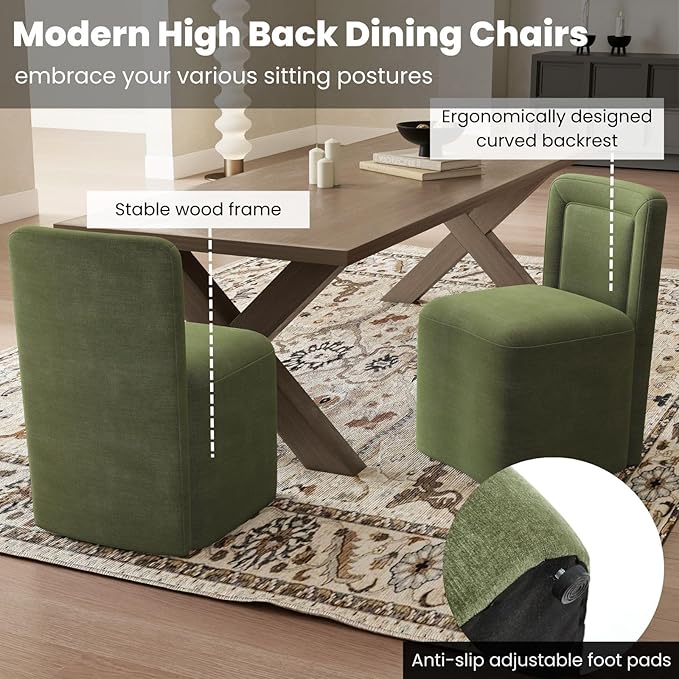 Green Upholstered Dining Chairs Set of 6, Armless Modern Chenille Dining Chairs with High Back, Kitchen Chair for Dining Room/Restaurant/Living Room