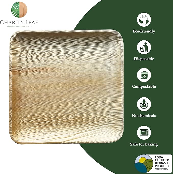 Charity Leaf Disposable Palm Leaf 12" Square Plates (25 pieces) Bamboo Like Serving Platters, Disposable Boards, Eco-Friendly Dinnerware For Weddings, Catering, Events