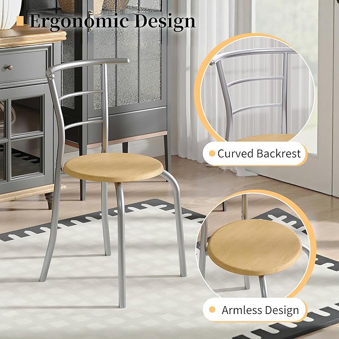 VECELO 3-Piece Dining Table Set for Kitchen Breakfast Nook, Wood Grain Oval Tabletop and Metal Frame with Built-in Wine Rack, for Small Spaces, Natural & Silver