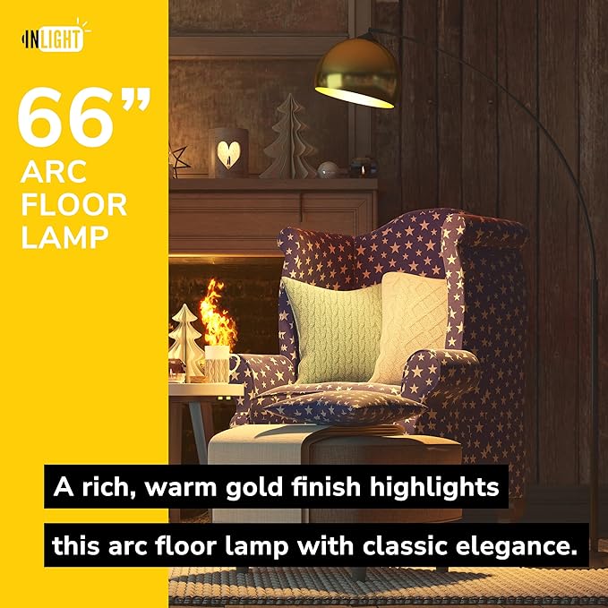 GETINLIGHT Inlight 66" Modern Antique Brass Arc Floor Lamp with Inner Gold Metal Shade and Black Marble Base, Bulb Not Included, IN-0806-1-AG