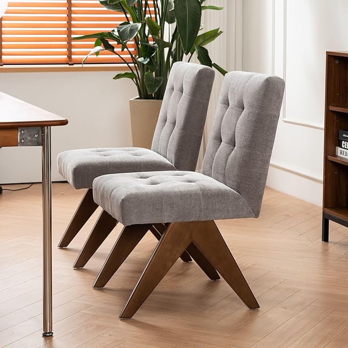 Rowill Modern Upholstered Dining Chairs Parsons Chair Linen Fabric Kitchen Chairs Tufted Armless Dining Room Chairs with Wood Legs Set of 2, Light Grey