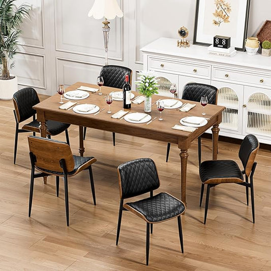 Dining Chairs Set of 6, FSC Certified Mid Century Modern Accent Dining Room and Kitchen Chairs, Upholstered PU Leather Diamond Check Chairs with Walnut Bentwood and Metal Legs, Black