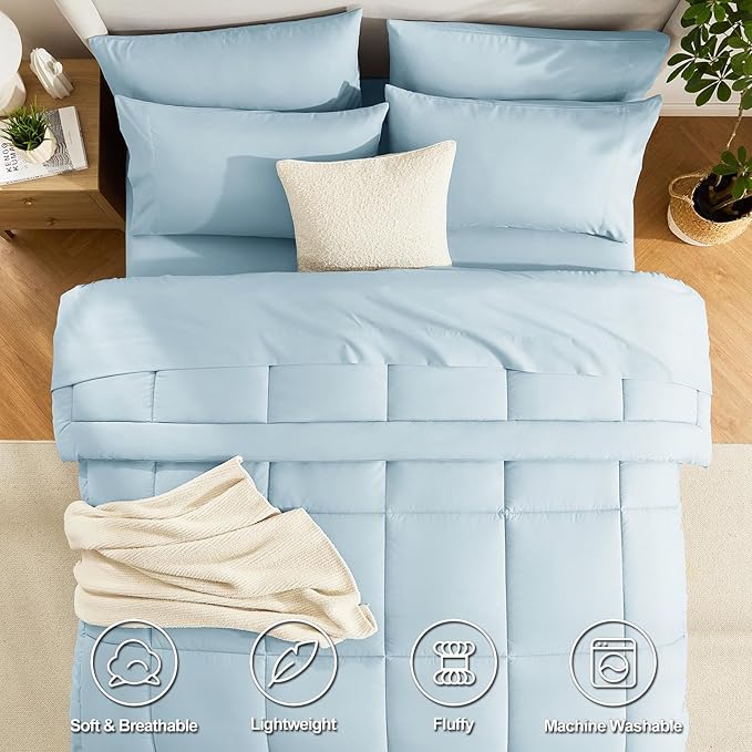 CozyLux King Size Comforter Set Light Blue, 7 Pieces Bed in a Bag, Blue Comforter King Size, All Season Bedding Sets with Stitch Quilted Comforter, Flat Sheet, Fitted Sheet, Pillowcases