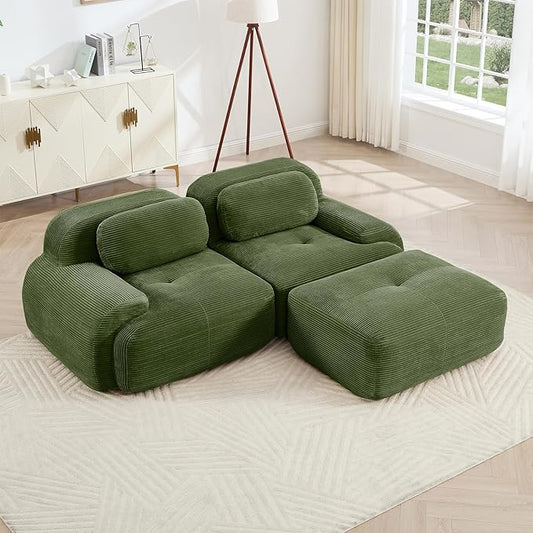 80" Modern Corduroy Boneless Love Seat Couches with 1 Ottoman, 2 Seater Large Sectional Couches for Living Room, Green Cloud Modular Sectional Sofa, Memory Foam, Extra Deep Loveseat, No Assembly