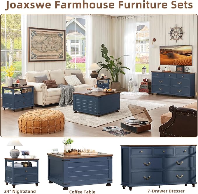 24" Wide Farmhouse Nightstand with Charging Station Set of 2, 37" Tall Rustic Chests of Drawers w/ 4 Solid Wood Feet, Farmhouse Furniture Series for Living Room,Bedroom,DarkBlue