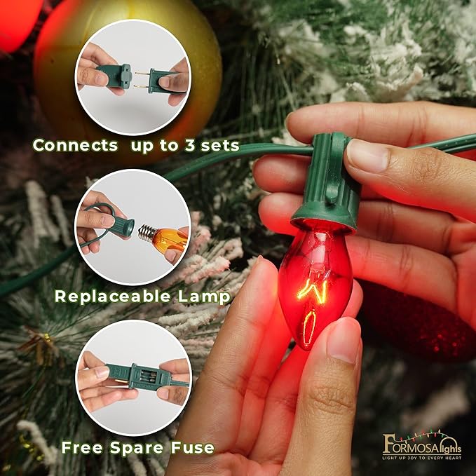 C7 26ft Indoor/Outdoor Transparent Multicolor Incandescent Christmas String Lights with 25 Bulbs | 120V, 5W