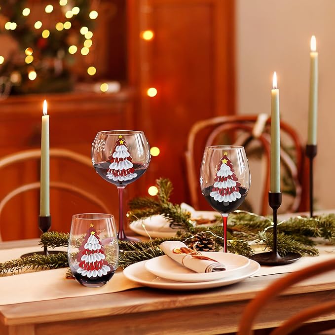 Joeyan Christmas Crystal Red Stemless Wine Glasses,Hand Painted Red or White Wine Glass Tumbler Cups,Large Xmas Tree and Snowflakes Patterned Drinking Glasses,Gift for Men Women Family,19 oz,Set of 2