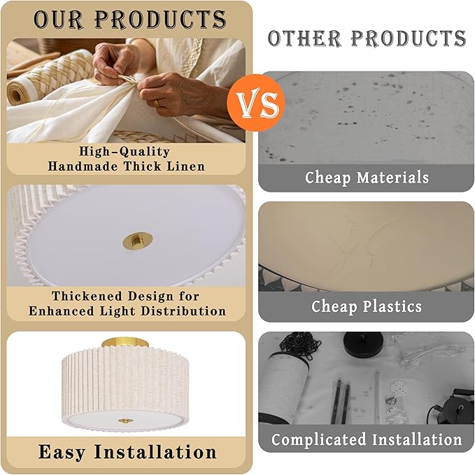 3-Light Semi Flush Mount Lights Fixture Drum Ceiling Light with Pleated Fabric Shade Gold Semi Flush Mount Ceiling Lights 15.7 Inch Close to Light Fixtures for Living Room Hallway