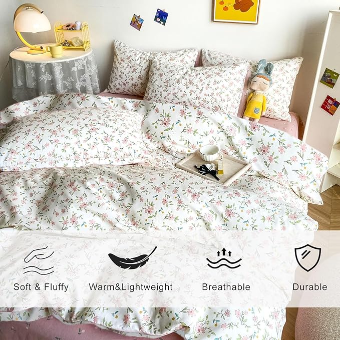 EAVD Garden Style Pink Floral Comforter Set Queen White Soft Microfiber Chic Floral Leaves Pattern Bedding Set with 2 Pillowcases Vintage Botanical Comforter Set for All-Season