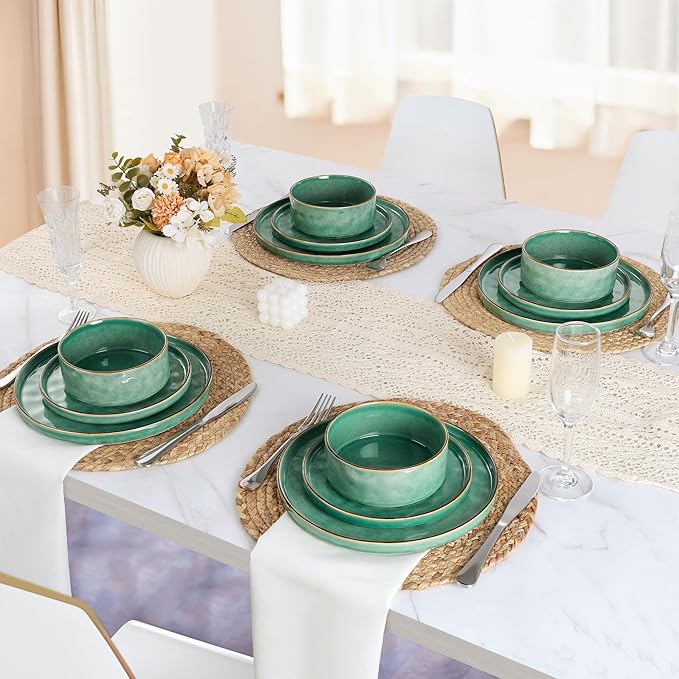 LIANYU Dinnerware Sets for 6, 18 Piece Plates and Bowls Dish Set, Ceramic Dinner Ware Dishware for Kitchen Dining, Microwave & Dishwasher Safe, Emerald Green