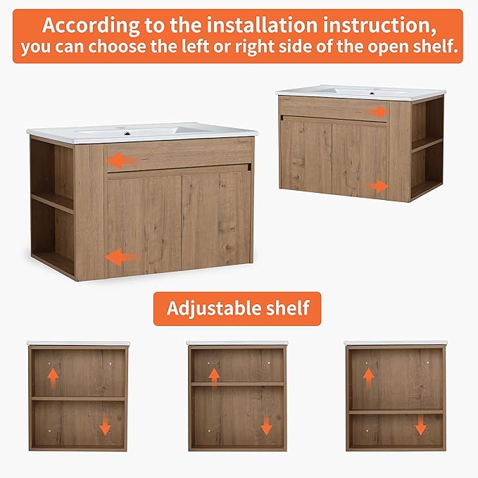 Goujxcy 30" Wall Mounted Bathroom Vanity with Sink, Modern Floating Bathroom Cabinet with White Ceramic Basin and Storage Cabinet/Shelf, Soft-Closing Door Wood Hanging Bath Room Cabinets