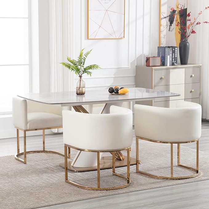 Faux Leather Dining Chairs Set of 3 Modern Barrel Armchairs with Golden Metal Frame, Upholstered Kitchen Chairs 18.5" Wide Accent Chairs for Living Dining Restaurant, White