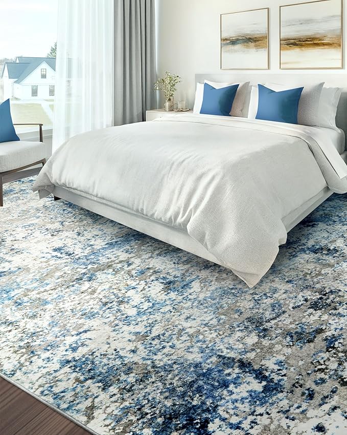 Washable Area Rug for Living Room: 9x12 Modern Abstract Neutral Soft Rug for Bedroom Dining Room No Slip Low Pile Carpet for Nursery Home Office - Grey/Blue