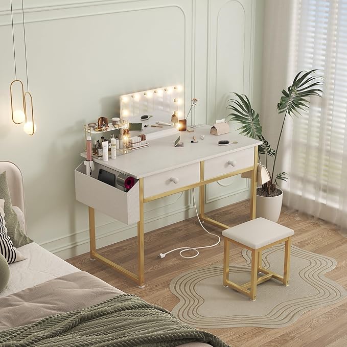 Makeup Vanity Desk No Mirror with Chair for Girls, White Small Vanity Table Set with Fabric Drawers, Power Outlet Without Mirror, Modern Make Up Desk for Bedroom