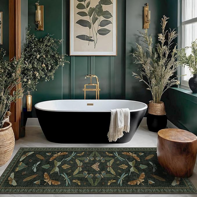 Washable Insect 2x6 Runner Rug for Hallway- Stain Resistant Kitchen Runners, Floral Whimsical Indoor Floor Mat for Bathroom, Soft Non Slip with Rubber Backed, Dark Green