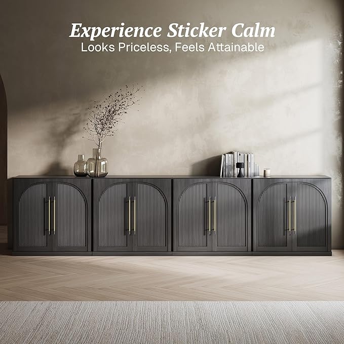 BELLEZE Set of 4 Modular Sideboard with Double-Arc Wood Doors, Small Arched Buffet Cabinet with Storage and Adjustable Shelves, Classic Modern Credenza for Dining Room, Living Room or Entryway(Ebony)