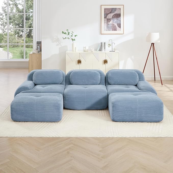 116" Modern Corduroy Cloud Sofa with Ottoman, U Shaped Boneless Modular Large Sectional Couches for Living Room, Blue 3 Seater Compressed Memory Foam Couch, Extra Deep Seat, No Assembly