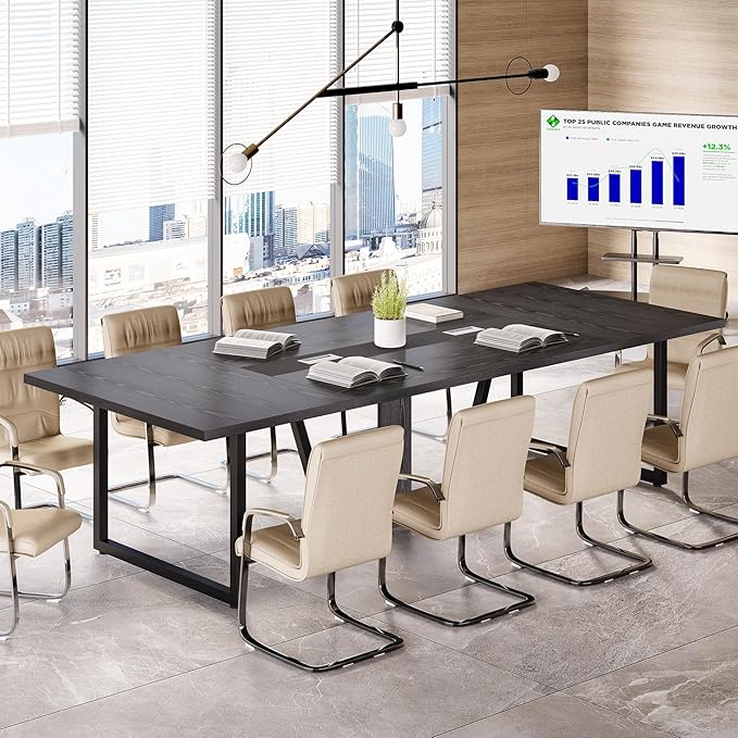 LITTLE TREE 8FT Conference Table for 10 People, Large Meeting Table, Modern Wooden Conference Room Table with Cable Management, Business Training Table with Strong Metal Legs for Office, Black
