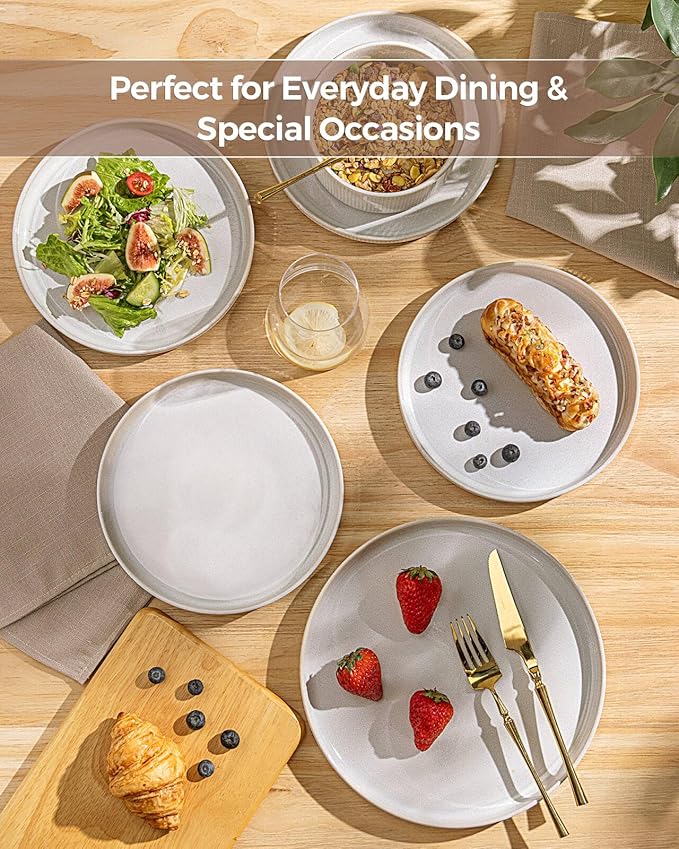 GBHOME Stoneware Dinnerware Sets for 6,Round Reactive Glaze Ceramic Plates and Bowls Set,Highly Scratch Resistant | Dishwasher & Microwave Safe Dishes Set,Service for 6(18Pcs),Sugar White