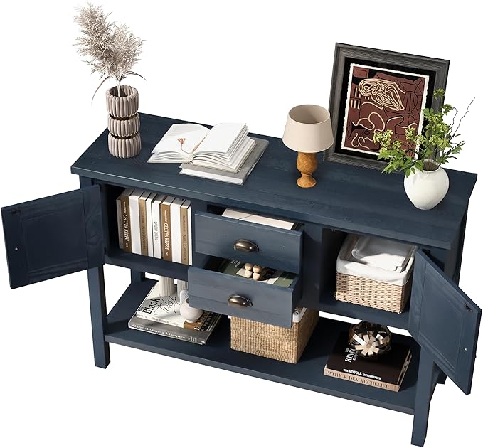 LKTART Solid Wood Farmhouse Console Table,Sofa Table with Storage Drawers and Shelves,Entryway Table for Entry Hallway Foyer,EasyAssembled (48" Navy Blue)