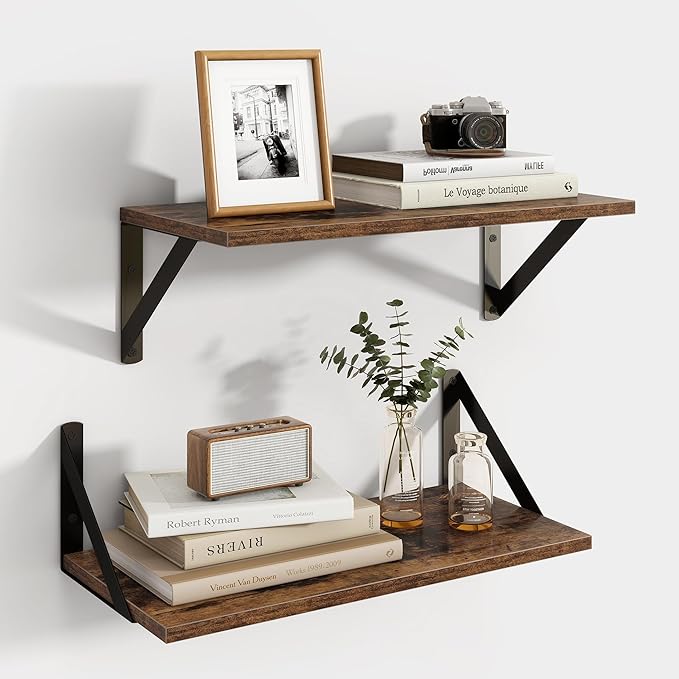 Axeman Floating Shelves for Wall, 16W x 8D Wood Floating Shelves Set of 2, 8'' Deep Rustic Wall Shelves for Bookshelf Living Room Bedroom Home Office Bathroom
