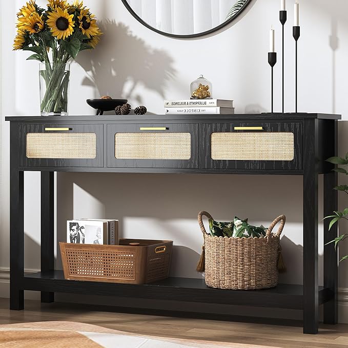 ELYKEN 51.2" Black Console Tables for Entryway, Rattan Entryway Table with 3 Drawer & Shelf, Narrow Long Sofa Table for Behind Couch Hallway, Entrance Entry Living Room