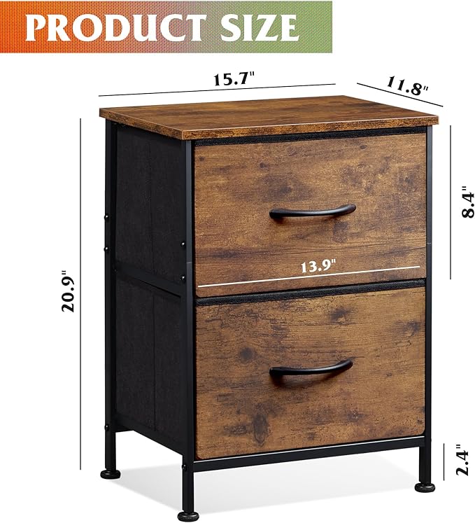 WLIVE Night Stand Set of 2, Small Dresser with 2 Drawers & Wooden Top, Nightstand with Fabric Bins, Bedside Table End Table for Bedroom, Closet, Entryway, College Dorm, Rustic Brown