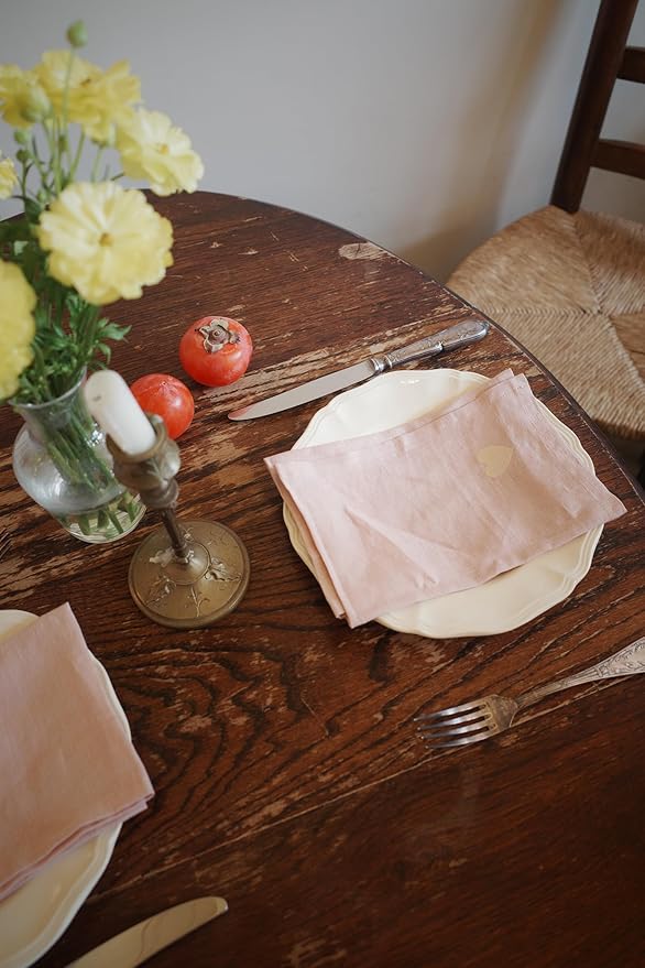 100% Linen Napkins Set of 4 - Dust Pink Cloth Dinner Napkins, Embroidered, Washable and Reusable, Elegant Table Decor for Dinner Parties & Special Occasions, 17.7 x 17.7 Inch