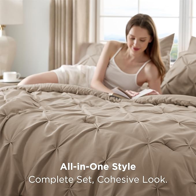 Bedsure Twin Comforter Set Khaki - Bed in a Bag Twin Size Bedding 5 Pieces, GentleSoft™ Pintuck Bed Set Gift for Family, Pinch Pleat Khaki Comforter with Sheets, Pillowcase & Sham