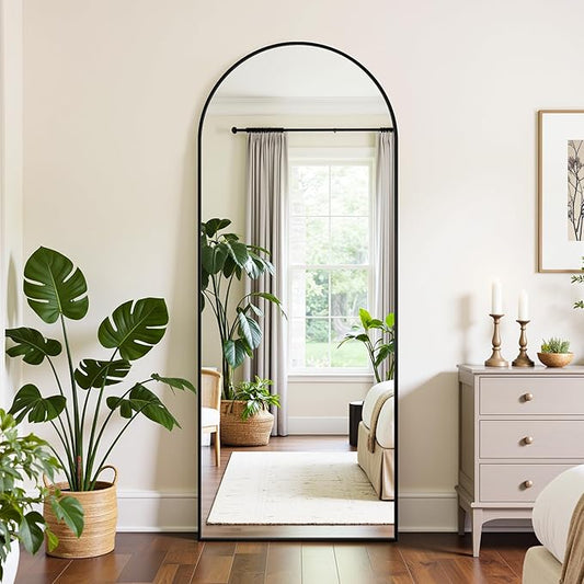 Full Length Mirror, 58"x18" Oversized Floor Mirrors Freestanding, Full Body Mirror Floor Standing Mirrors with Stand, Hanging Mounted Mirrors for Bedroom Living Room, Black, Arched Style
