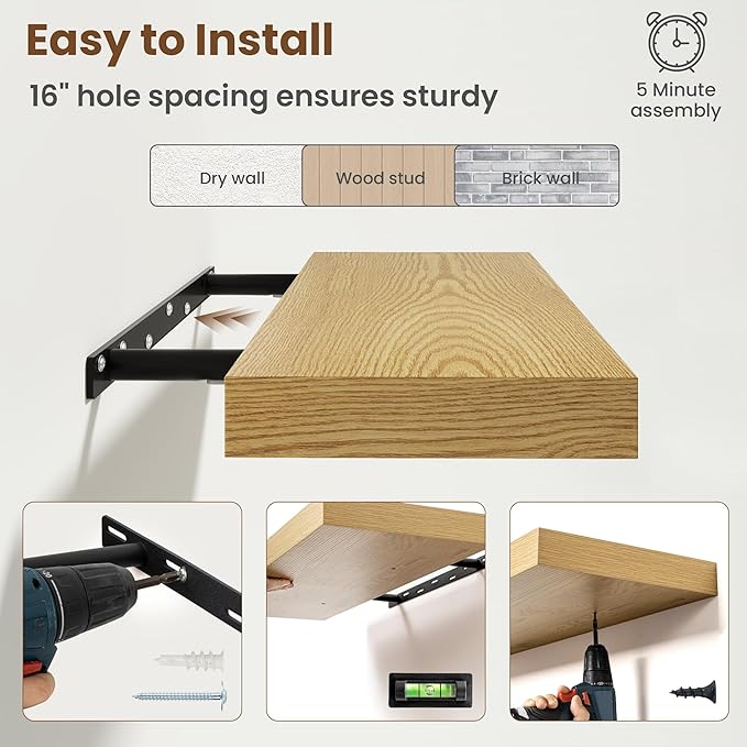55 Inch Floating Shelves for Wall, 8 Inch Deep Floating Shelf for Storage & Display, Rustic Wall Mounted Shelf with Invisible Brackets for Living Room, Kitchen, Bathroom, Home Decor, Set of 2, Oak