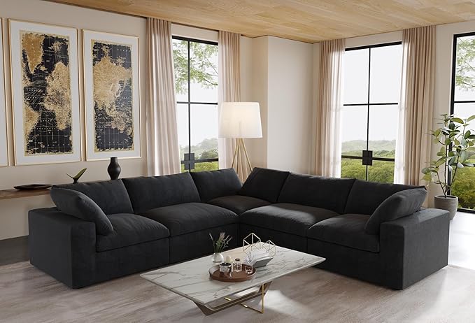 JACH Modern Seational Couch for Living Room, 5-Seats Modular Convertible Sofa, V-Shaped Cloud Couches, Couch Cushion Covers Removable, Comfy Sofas for Living Room Apartment (Black)