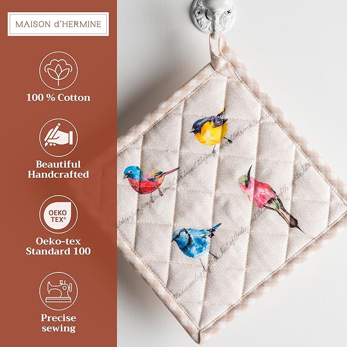 Maison d' Hermine Pot Holders set 100% Cotton Heat Resistant Potholders 8" x 8" Hot Pads with Loop BBQ, Cooking, Baking, Grilling, Kitchen, Handling Hot Pans Spring/Summer (Pack of 2, Birdies On Wire)