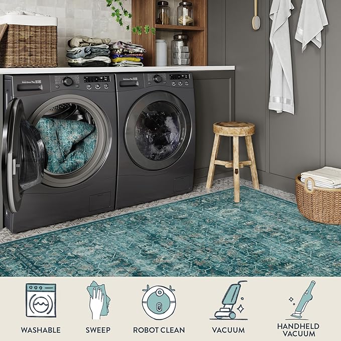 Lahome Vintage 8x10 Washable Blue Rugs for Living Room Bedroom, Boho Dining Room Rugs for Under Table, Soft Non Slip Indoor Throw Carpet for Home Office Playroom (8x10ft,Blue)