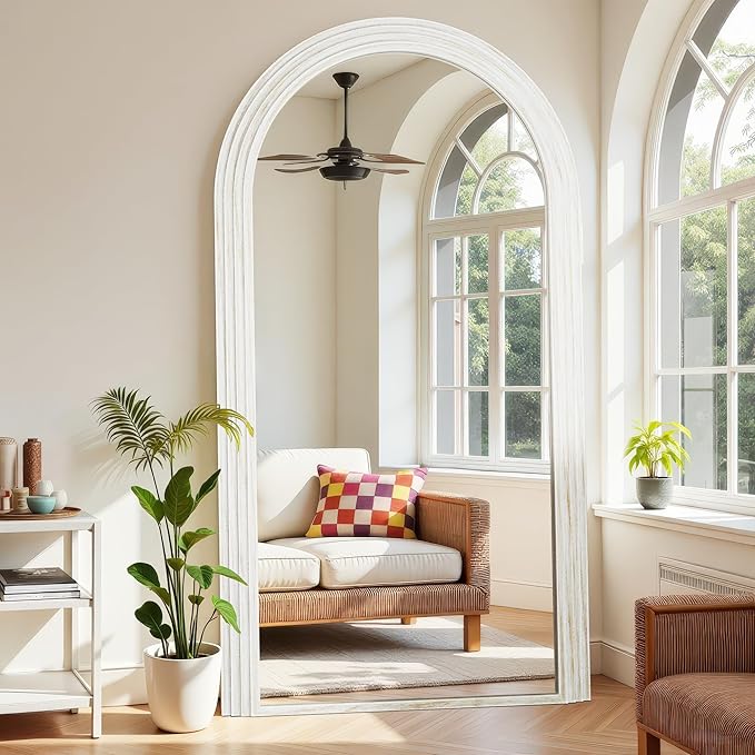 Antok Full Length Mirror 82"×44" Floor Mirror Standing Tall Mirror, Arched Stand up Large Wall Mirrors, Freestanding Full Body Mirrors for Bedroom Living Room Wood Vintage Style White