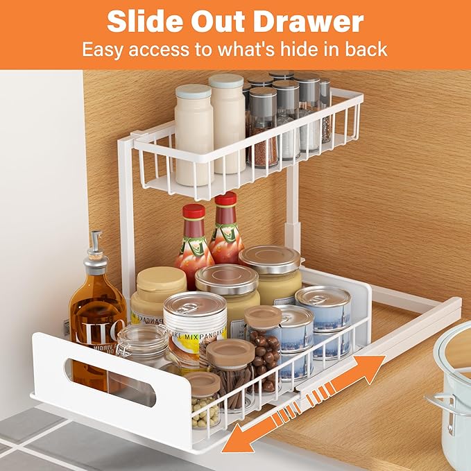 Under Sink Organizer, 2 Tier Pull Out Cabinet Organizer,Slide out Metal Cabinet Organizers Multi-Purpose Drawer Shelf for Kitchen Bathroom Pantry Cabinet Closet Organization Rack,White 1 Pack