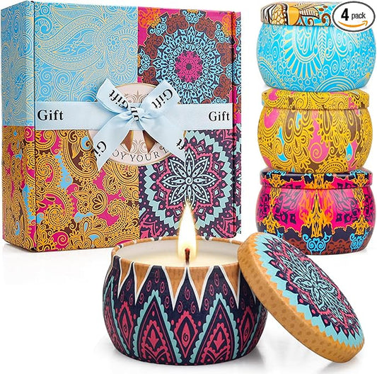 Holiday Candle Gift Set, 4 Pack Long Lasting Classic Bohemian Scented Soy Wax Candles with Fig, Lemon, Spring & Lavender Scents, Aromatherapy Candles for Home, Christmas Gifts for Everyone